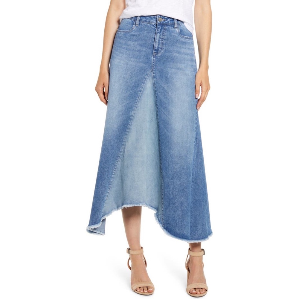 Wash Lab Pieced Denim Raw Hem Midi Skirt
